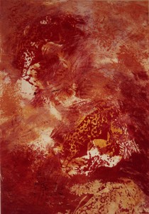 KS 319 Ulrich, Kügler 1956 Geseke, Warstein, Studium MS Akademie, Minden Zwei rote Leoparden Grafik 1993 29,7x42 71,5x51,5 abstrakt-gestische Farbfeldmalerei mit eingedruckten linear aufgefaßten Leopardendarstellungen von der Seite, Tier