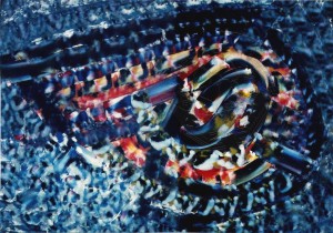 Grygier , Elisabeth KS 410 1958 Lippstadt o.T. Grafik, Acryl 1996 50x69 51x70 abstrakter Fond aus poinitilistischem Farbauftrag mit mittig angelegten kalligrafischen Bahnen, A 