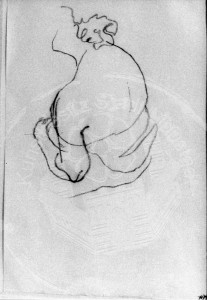 Mumme , Hugo KS 20 1898 Düsseldorf - 1980 Lippstadt Rückenakt Grafik, schwarze Kreide Lippstadt, um 1955 30x21 47x37 weiblicher Rückenhalbakt mit entblößter Schulter, Skizze, Figur 